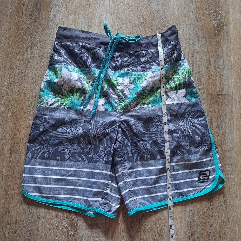 Laguna Beach Trunks Green Grey White Swim Floral Stripes Drawstring Men's Size S